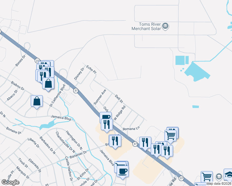map of restaurants, bars, coffee shops, grocery stores, and more near 1172 Dell Street in Toms River