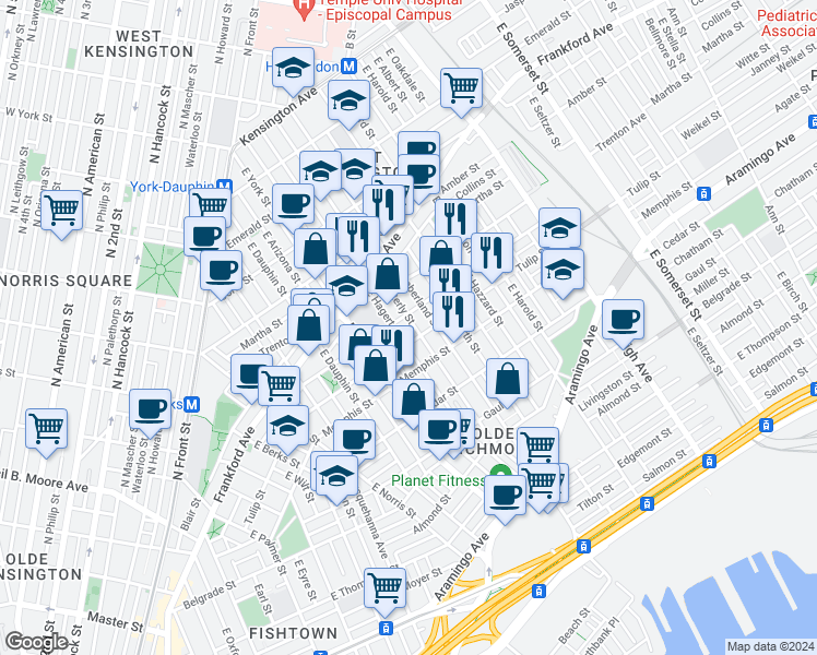 map of restaurants, bars, coffee shops, grocery stores, and more near 2214 East Letterly Street in Philadelphia
