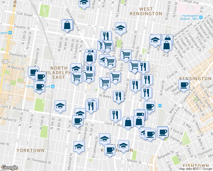 map of restaurants, bars, coffee shops, grocery stores, and more near 1945 North Lawrence Street in Philadelphia