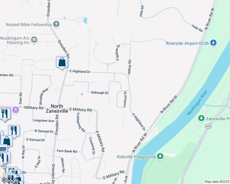 map of restaurants, bars, coffee shops, grocery stores, and more near 3075 Venture Lane in Zanesville