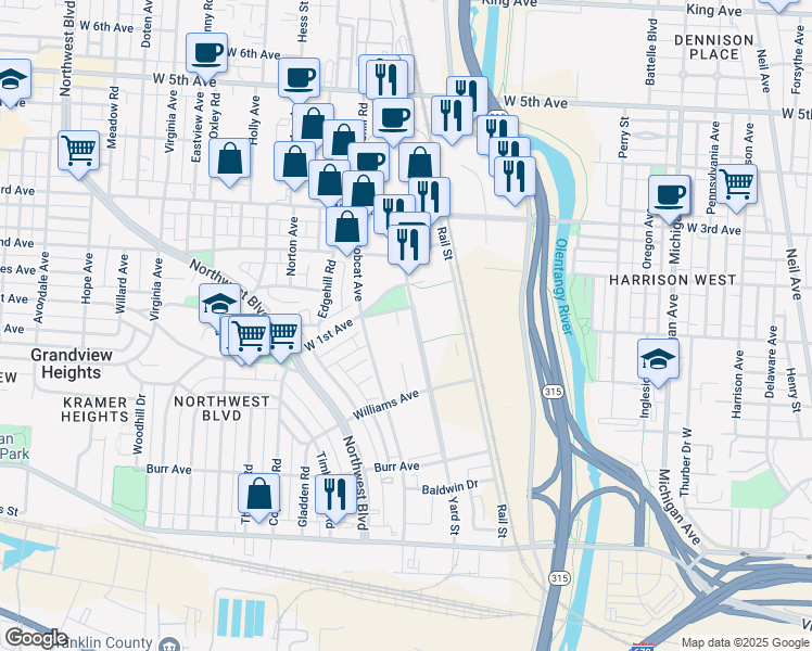 map of restaurants, bars, coffee shops, grocery stores, and more near 995 Yard Street in Grandview Heights