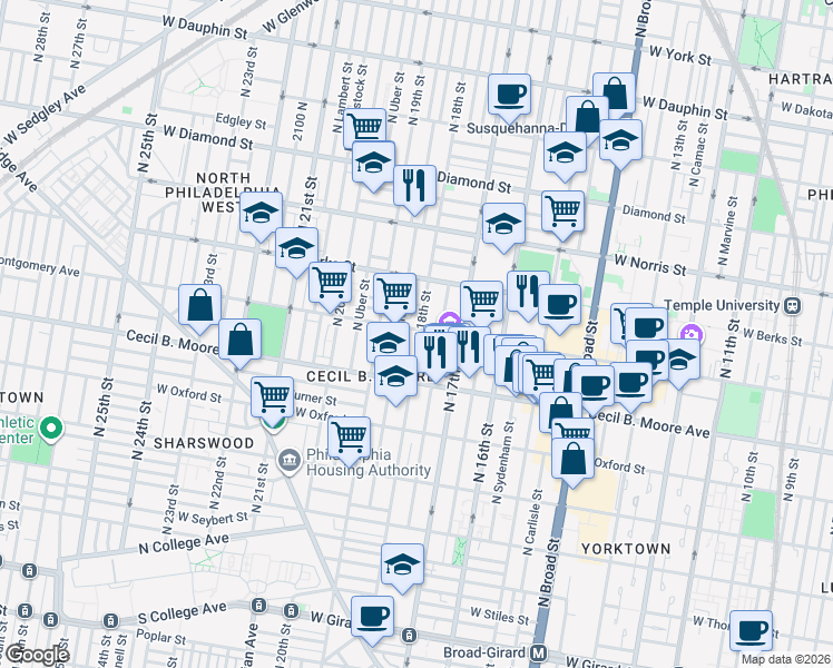 map of restaurants, bars, coffee shops, grocery stores, and more near 1800 West Montgomery Avenue in Philadelphia