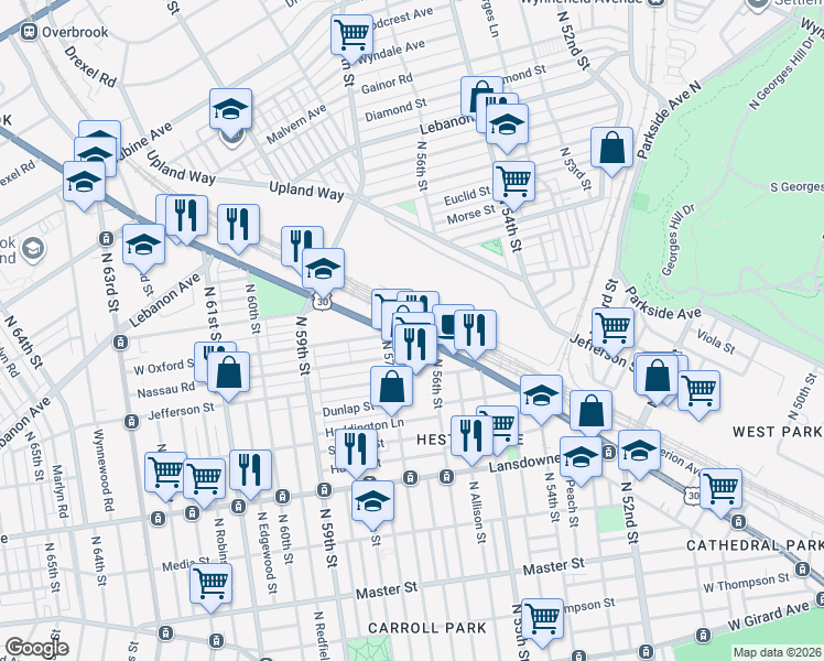 map of restaurants, bars, coffee shops, grocery stores, and more near 5645 Lancaster Avenue in Philadelphia