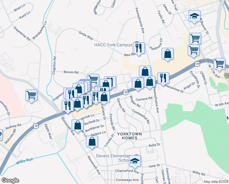map of restaurants, bars, coffee shops, grocery stores, and more near 1600 Devers Road in York