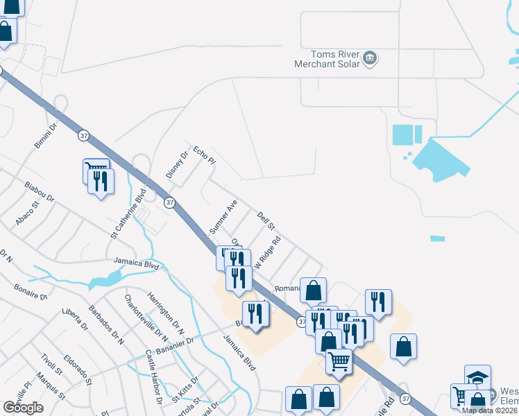 map of restaurants, bars, coffee shops, grocery stores, and more near 1172 Dell Street in Toms River