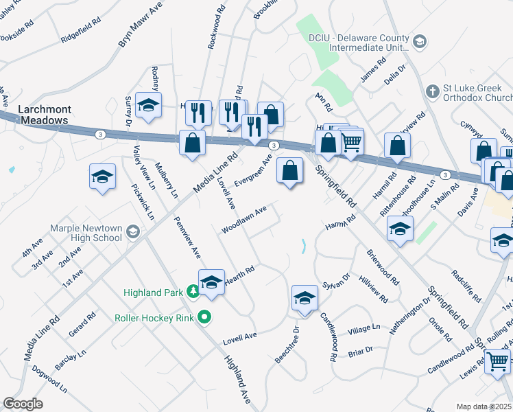 map of restaurants, bars, coffee shops, grocery stores, and more near 66 Woodlawn Avenue in Broomall
