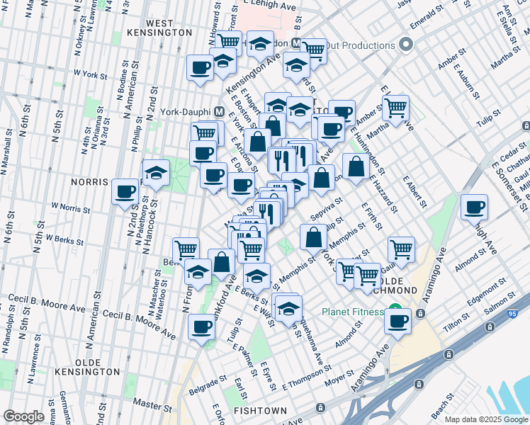 map of restaurants, bars, coffee shops, grocery stores, and more near 2136 East Dauphin Street in Philadelphia