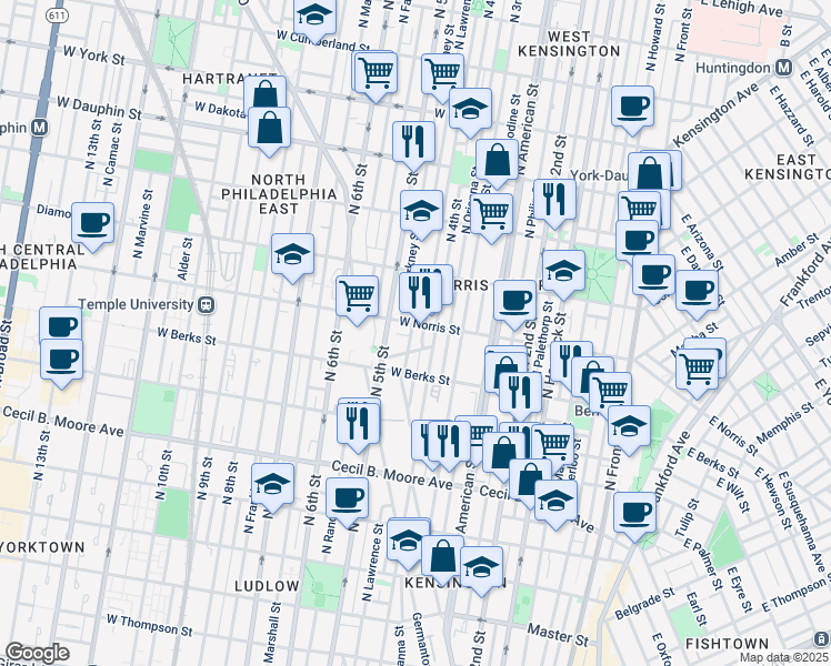 map of restaurants, bars, coffee shops, grocery stores, and more near 1945 North Lawrence Street in Philadelphia