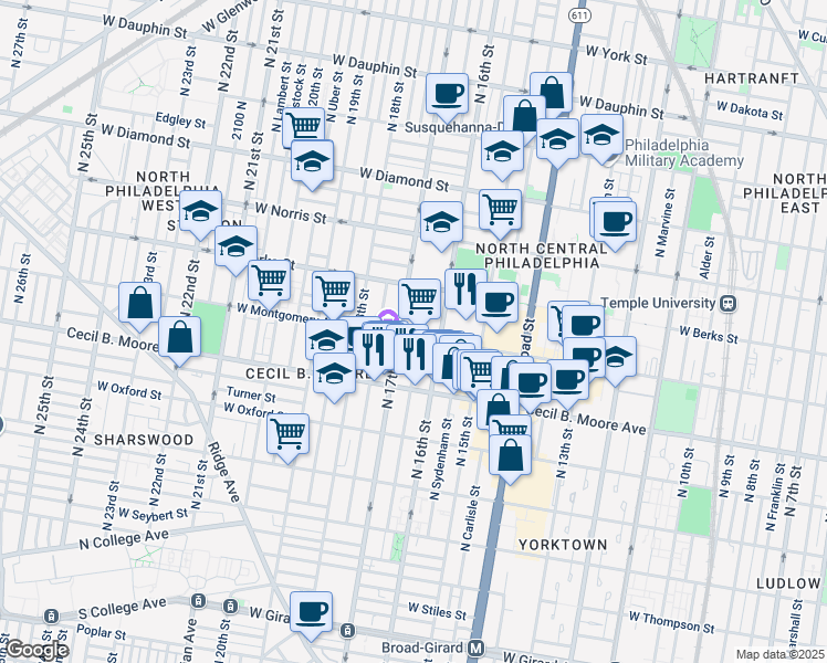 map of restaurants, bars, coffee shops, grocery stores, and more near 1623 West Montgomery Avenue in Philadelphia