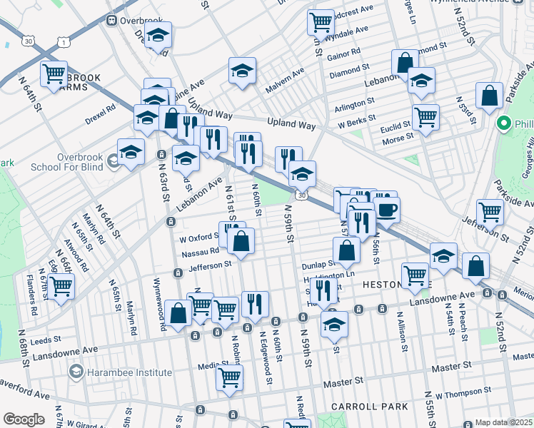 map of restaurants, bars, coffee shops, grocery stores, and more near 5933 Turner Street in Philadelphia