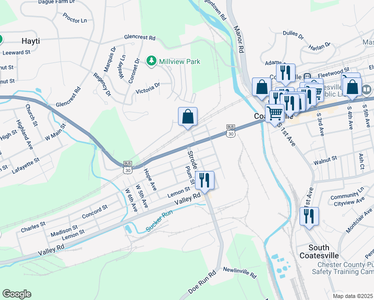 map of restaurants, bars, coffee shops, grocery stores, and more near 304 West Lincoln Highway in Coatesville