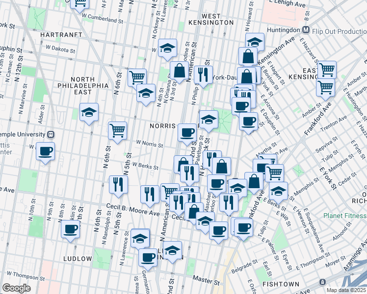 map of restaurants, bars, coffee shops, grocery stores, and more near 2001-03 North American Street in Philadelphia
