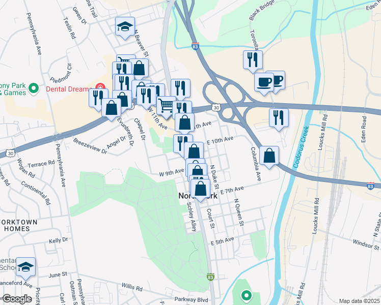 map of restaurants, bars, coffee shops, grocery stores, and more near 1321 North George Street in York