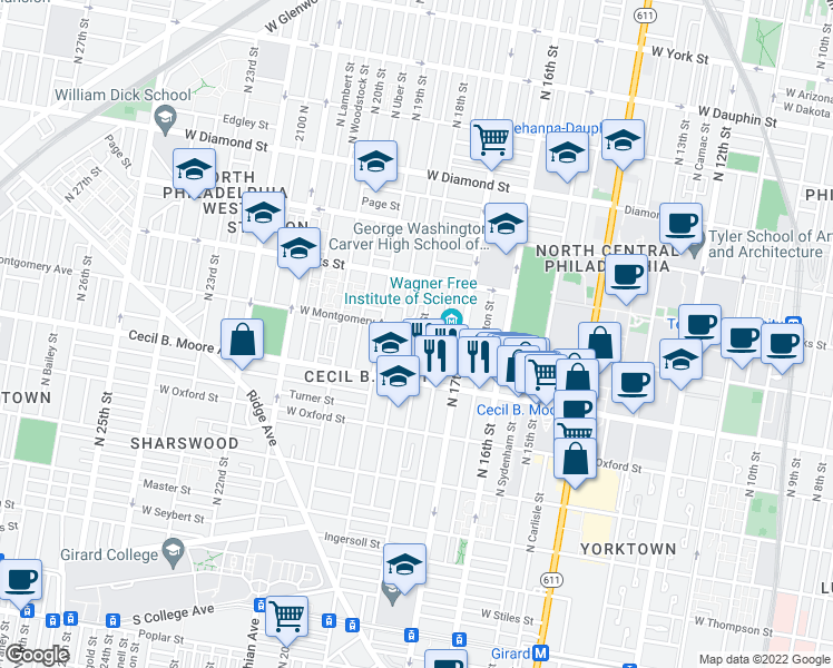 map of restaurants, bars, coffee shops, grocery stores, and more near 1804 West Montgomery Avenue in Philadelphia