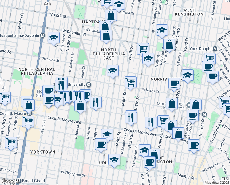 map of restaurants, bars, coffee shops, grocery stores, and more near 1921 North 7th Street in Philadelphia