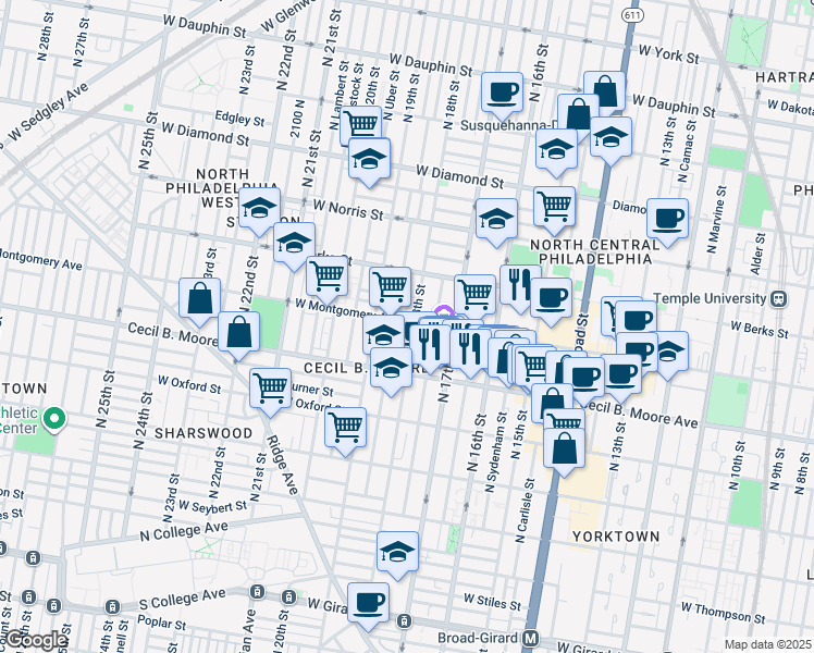 map of restaurants, bars, coffee shops, grocery stores, and more near 1806 West Montgomery Avenue in Philadelphia