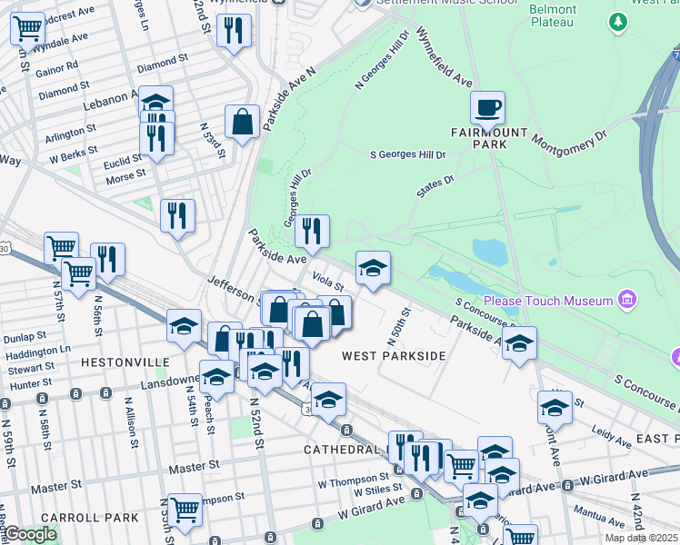 map of restaurants, bars, coffee shops, grocery stores, and more near 5125 Parkside Avenue in Philadelphia