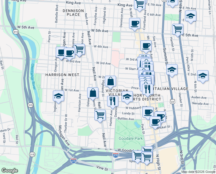 map of restaurants, bars, coffee shops, grocery stores, and more near 943 Hunter Avenue in Columbus