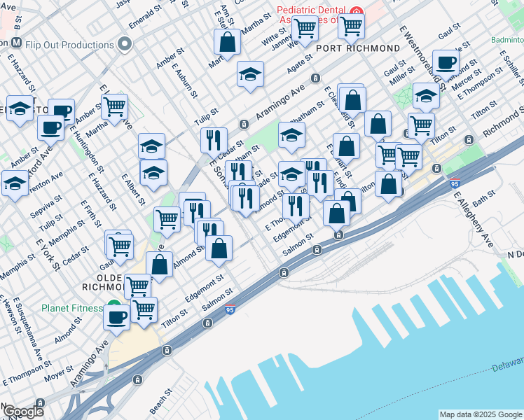 map of restaurants, bars, coffee shops, grocery stores, and more near 2827 Almond Street in Philadelphia