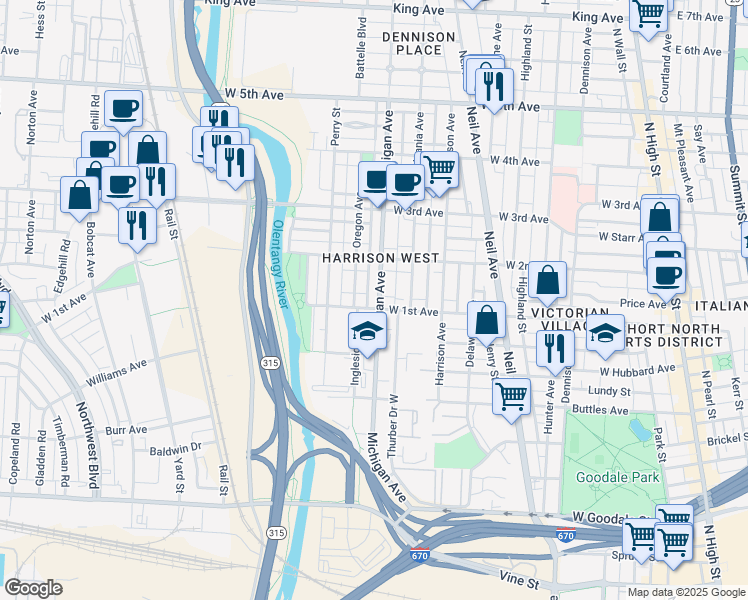 map of restaurants, bars, coffee shops, grocery stores, and more near 983 Michigan Avenue in Columbus