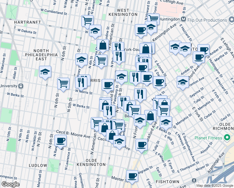 map of restaurants, bars, coffee shops, grocery stores, and more near 2009 North Palethorp Street in Philadelphia