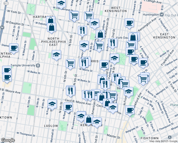 map of restaurants, bars, coffee shops, grocery stores, and more near 318 West Norris Street in Philadelphia