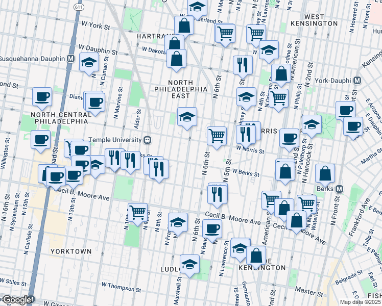 map of restaurants, bars, coffee shops, grocery stores, and more near 1921 North 7th Street in Philadelphia