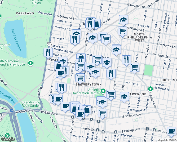 map of restaurants, bars, coffee shops, grocery stores, and more near 1629 North Newkirk Street in Philadelphia