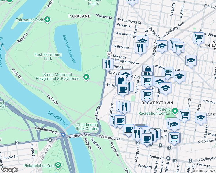 map of restaurants, bars, coffee shops, grocery stores, and more near 3228 West Oxford Street in Philadelphia