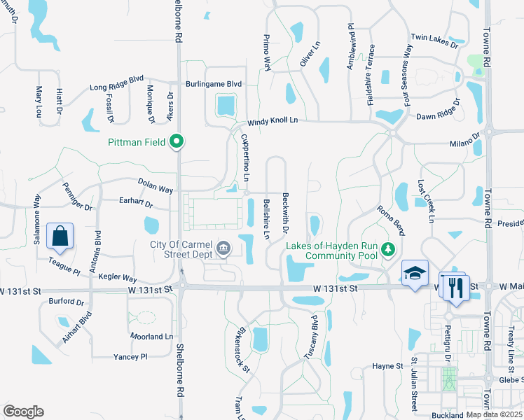 map of restaurants, bars, coffee shops, grocery stores, and more near 13352 Bellshire Lane in Westfield