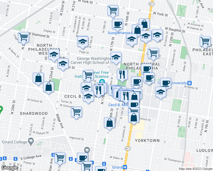 map of restaurants, bars, coffee shops, grocery stores, and more near 1803 North 17th Street in Philadelphia