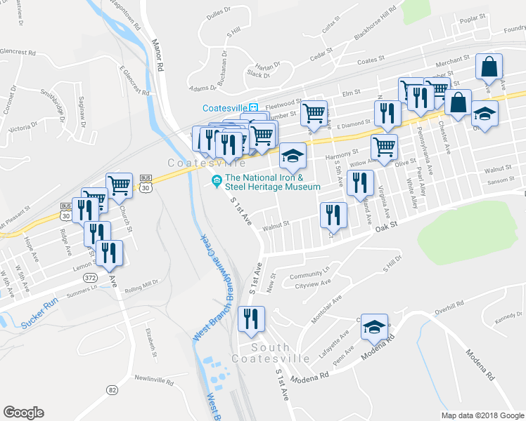 map of restaurants, bars, coffee shops, grocery stores, and more near 2 South 2nd Avenue in Coatesville