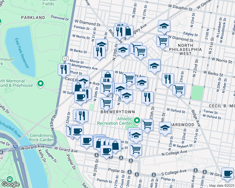 map of restaurants, bars, coffee shops, grocery stores, and more near 1629 North Newkirk Street in Philadelphia