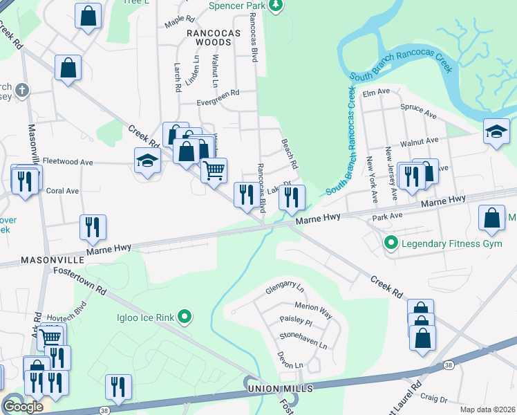 map of restaurants, bars, coffee shops, grocery stores, and more near 4 Rancocas Boulevard in Mount Laurel Township