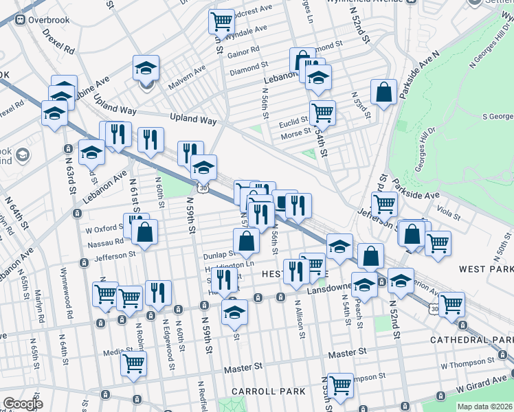 map of restaurants, bars, coffee shops, grocery stores, and more near 5645 Lancaster Avenue in Philadelphia