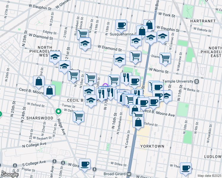 map of restaurants, bars, coffee shops, grocery stores, and more near 1725 West Montgomery Avenue in Philadelphia