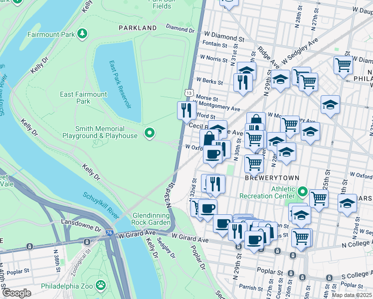 map of restaurants, bars, coffee shops, grocery stores, and more near 3230 West Oxford Street in Philadelphia