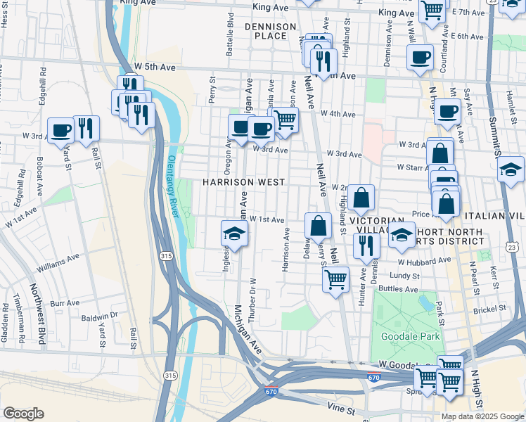 map of restaurants, bars, coffee shops, grocery stores, and more near 977 Pennsylvania Avenue in Columbus