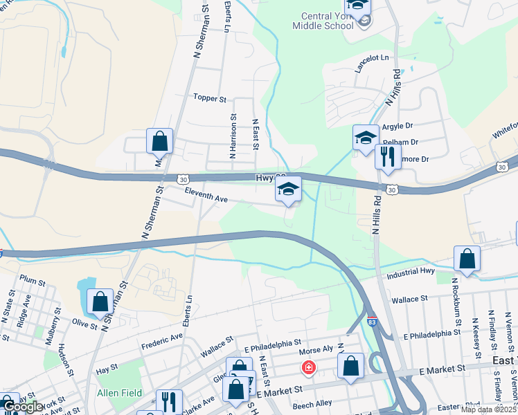 map of restaurants, bars, coffee shops, grocery stores, and more near 1406 Eleventh Avenue in York