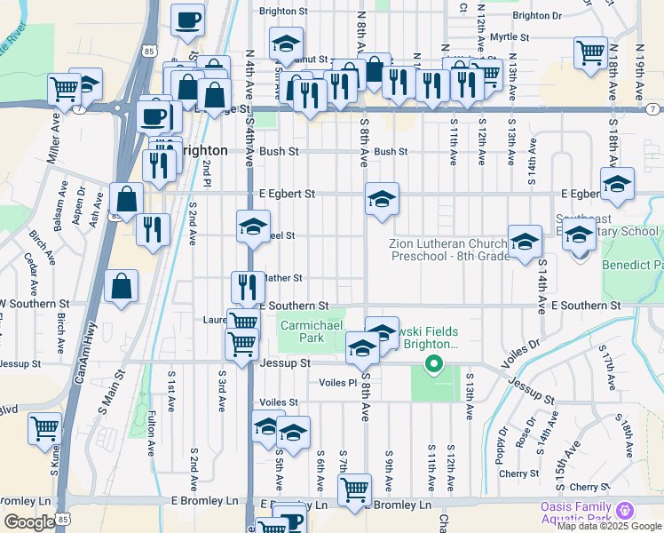 map of restaurants, bars, coffee shops, grocery stores, and more near 357 South 7th Avenue in Brighton