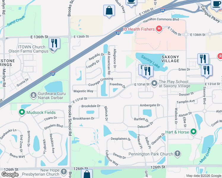 map of restaurants, bars, coffee shops, grocery stores, and more near 13181 All American Road in Fishers
