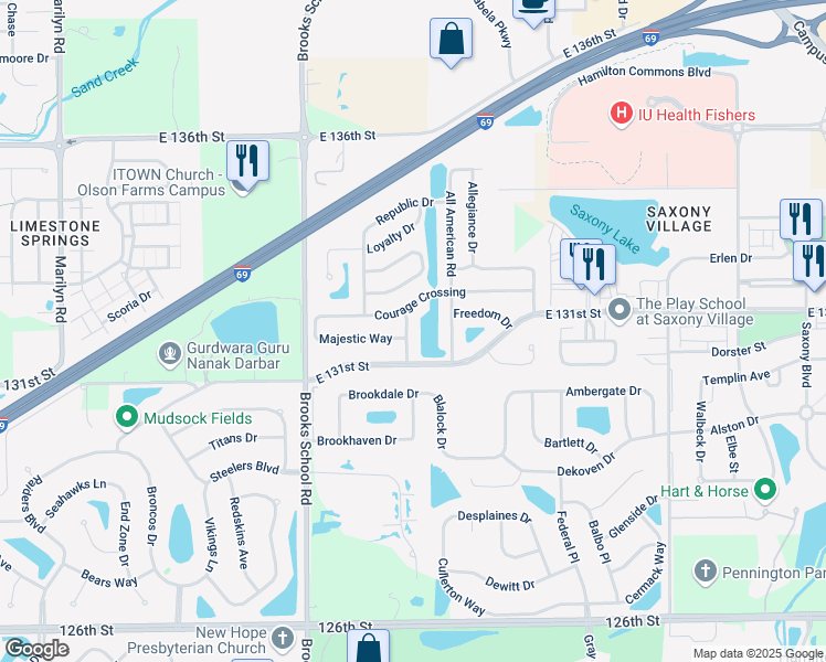 map of restaurants, bars, coffee shops, grocery stores, and more near 13183 United Drive in Fishers