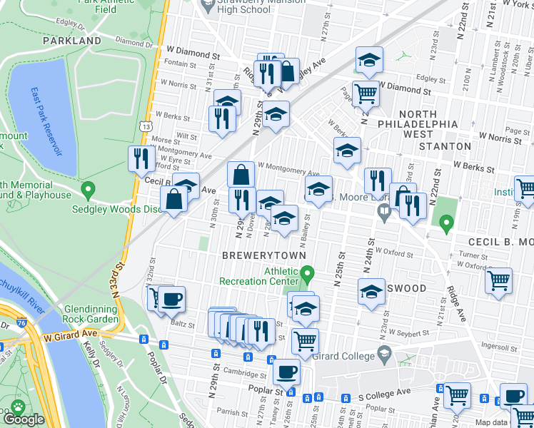 map of restaurants, bars, coffee shops, grocery stores, and more near 1628 North 28th Street in Philadelphia
