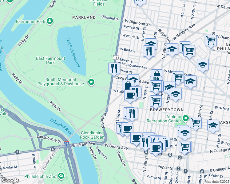 map of restaurants, bars, coffee shops, grocery stores, and more near 3228 West Oxford Street in Philadelphia