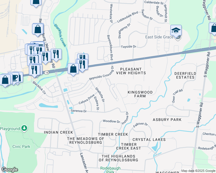 map of restaurants, bars, coffee shops, grocery stores, and more near 131 Sandrala Drive in Reynoldsburg