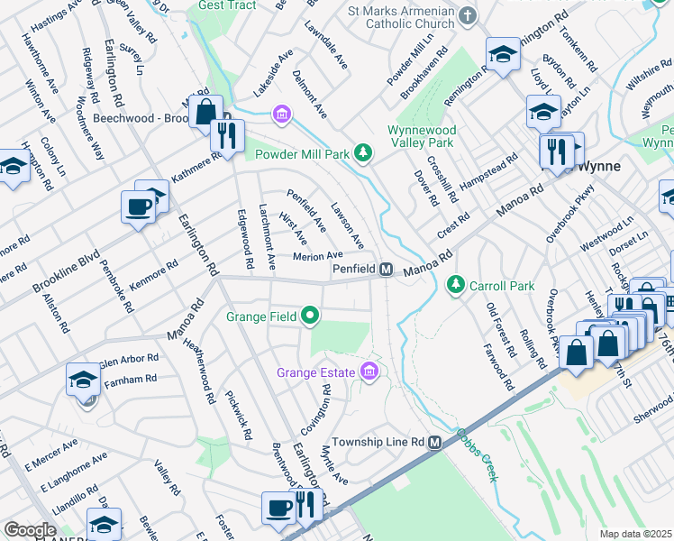 map of restaurants, bars, coffee shops, grocery stores, and more near 808 Hirst Avenue in Havertown
