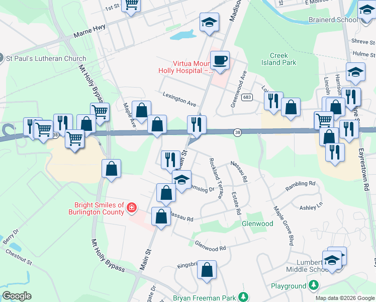map of restaurants, bars, coffee shops, grocery stores, and more near 2 Rockland Terrace in Lumberton