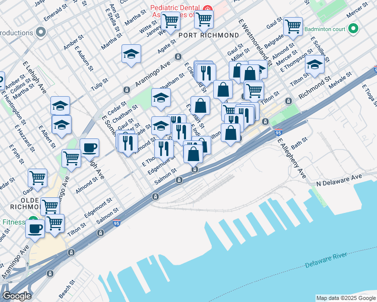 map of restaurants, bars, coffee shops, grocery stores, and more near 2709 East Ann Street in Philadelphia