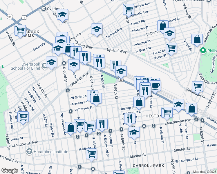 map of restaurants, bars, coffee shops, grocery stores, and more near 5925 Turner Street in Philadelphia