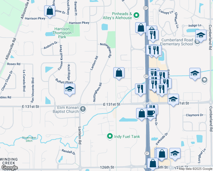 map of restaurants, bars, coffee shops, grocery stores, and more near 102 Chippenham Lane in Fishers